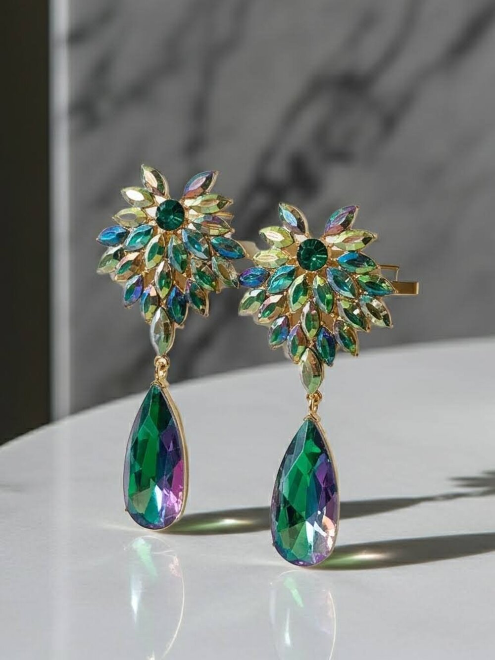 NWOT  Colorful Green Crystal Dangle Earrings